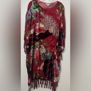 Anía A USA Red Peacock Embellished Kimono Tunic Fringe Boho Festival Lagenlook